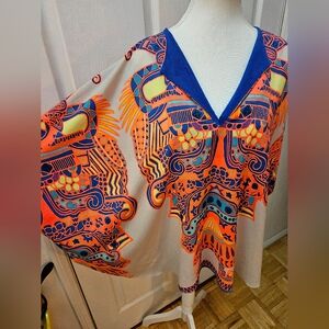 RARE MARA HOFFMAN 100% Silk Orange Blue Tribal Cape Poncho Coverup
